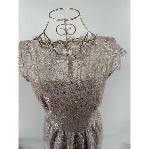 Aidan Mattox Metallic Lace Short Dress Size 2 Silver Blush Pockets Evening - Picture 5 of 12